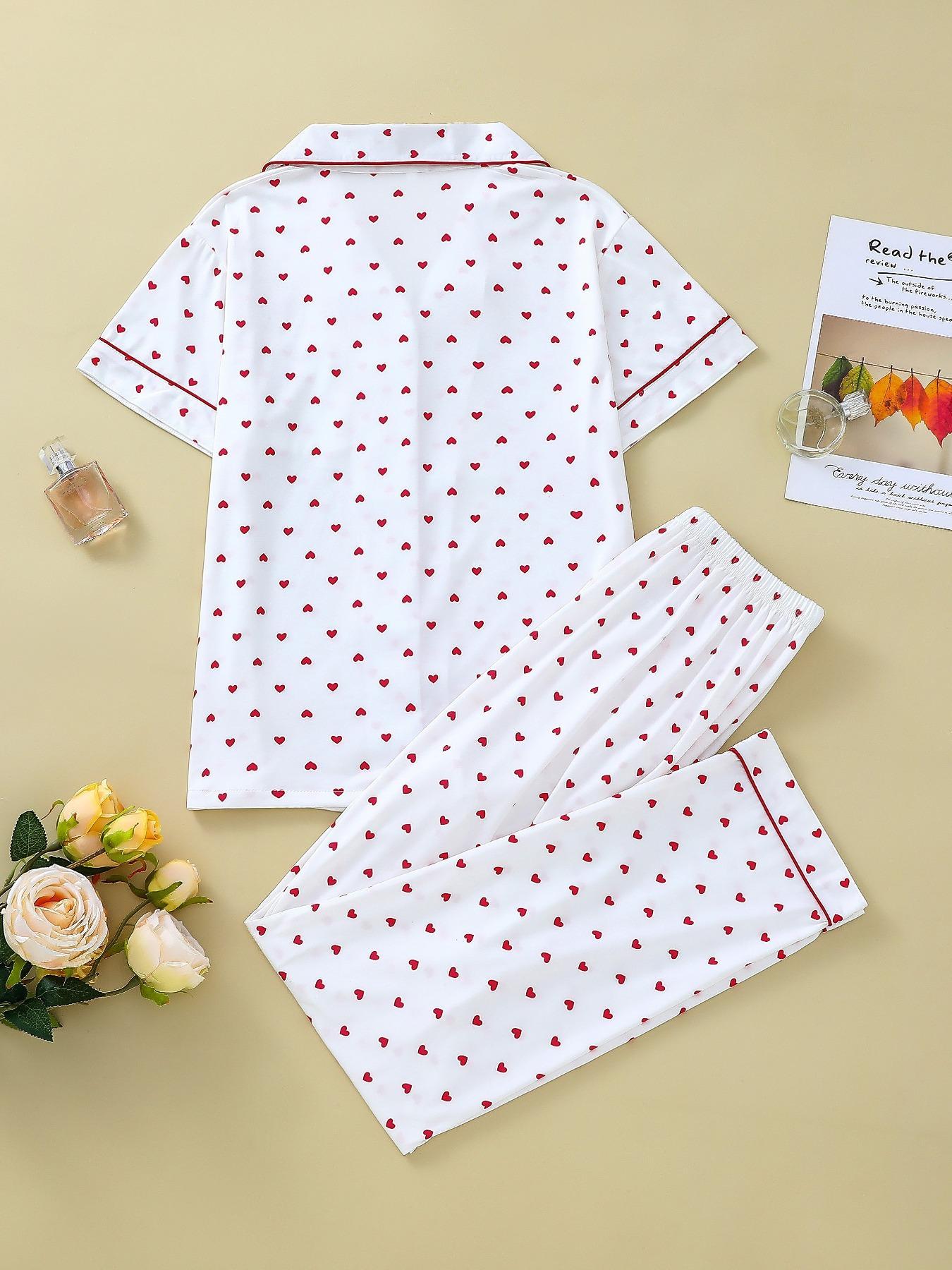 2 Pieces Women's Heart Print Pocket Button Front Shirt & Elastic Waist Pants Pyjama Set, Casual Short Sleeve Lapel Top & Trousers, Valentine's Day Gift, Women's Sleepwear for Summer