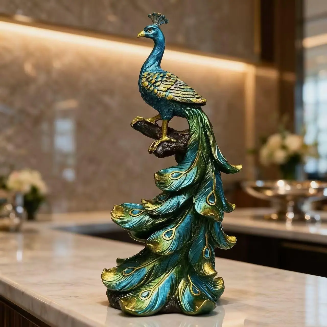 Hand-Painted Peacock Resin Art Decor, High-Quality Living Room Table Display, Elegant Entryway Wine Cabinet Ornament, Perfect Gift