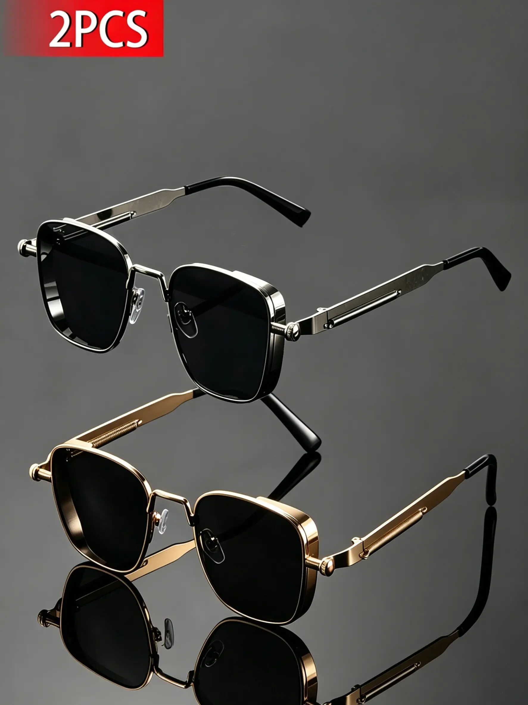 2 Pairs Retro Metal Square Sunglasses for Men, Luxurious Frame, Gradient Polarized Lenses, Classic Trim, Driving Protection Glasses