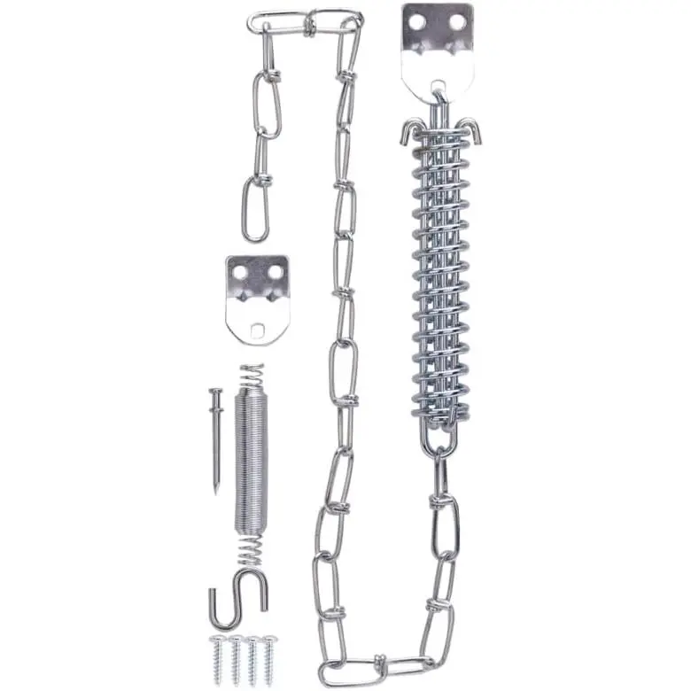 Door Stop Chain Kit w/Spring 15.5" Steel Door Restraint - Zinc Finish -  & Metal Doors - Adjustable Safety Chain - Storm Door Stop