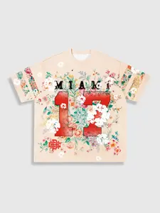 Light Floral Print Jersey Bird Eye Quick-Dry T-Shirt, American Street Style Miami Number 17, Loose Fit Short Sleeve