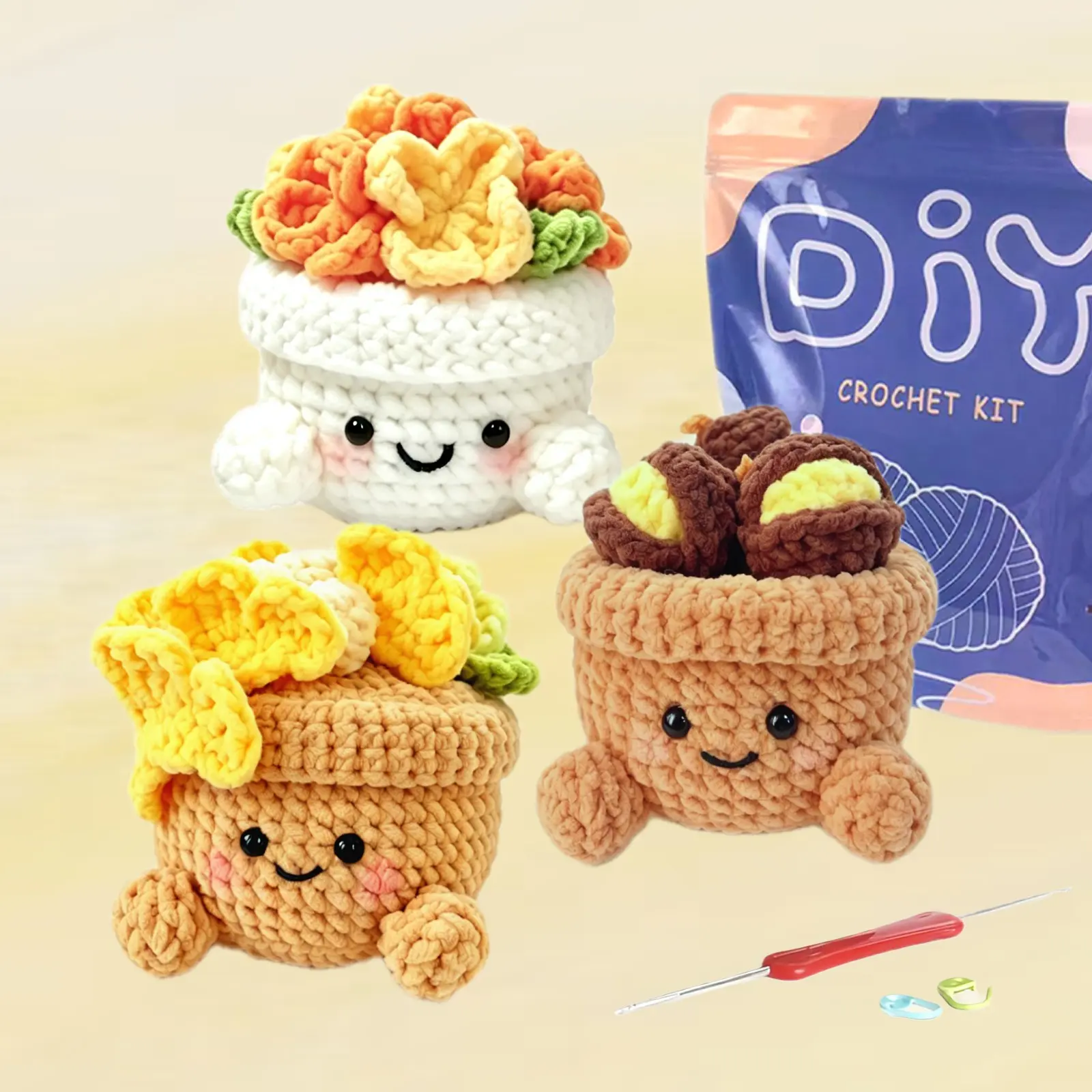 3pcs Yamaxin Amigurumi Crochet Kit for Beginners, DIY Knitting Material Set with Tutorial Video, Random Accessory Colors