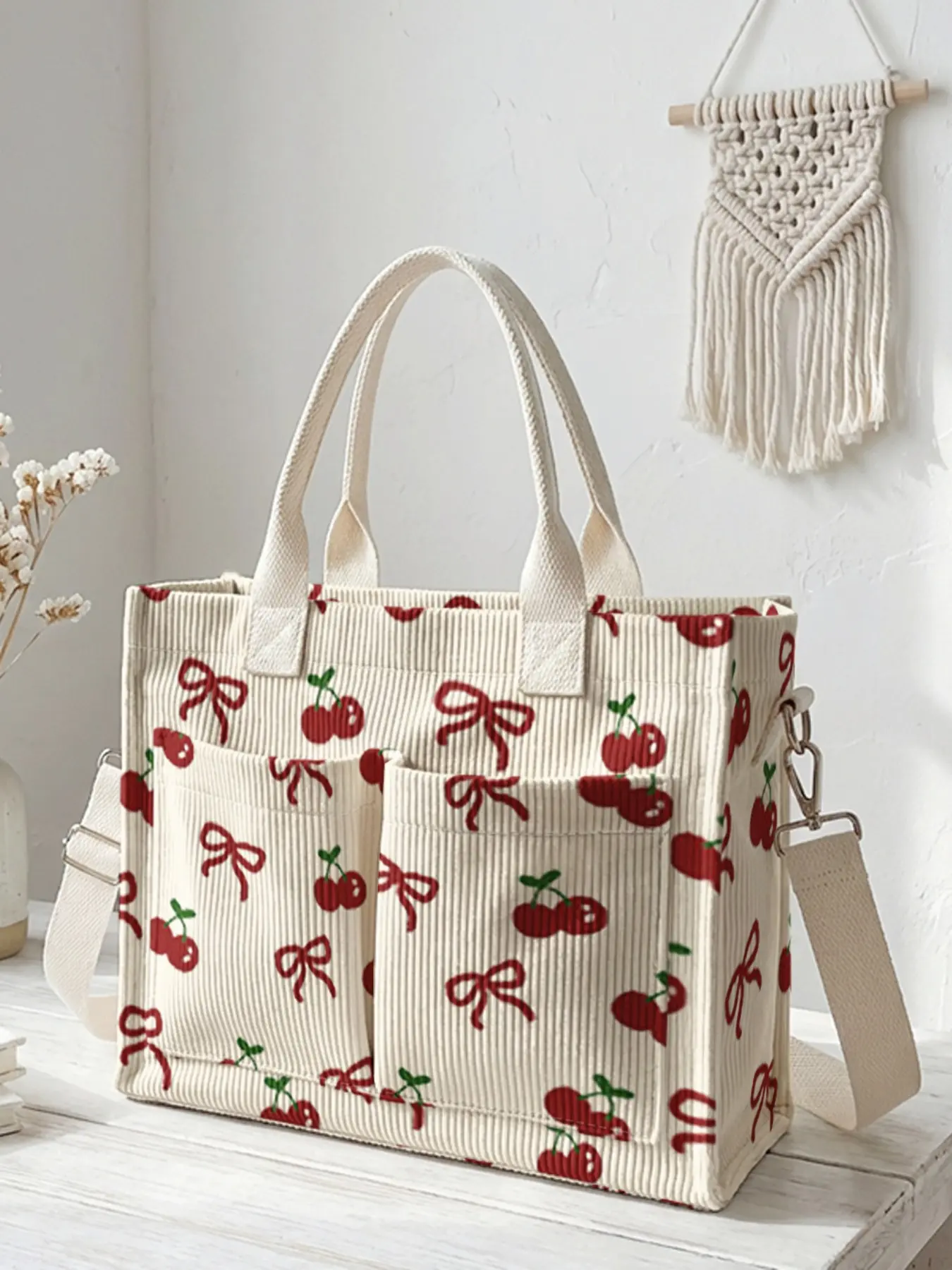 Creative Cherry Bow Print Travel Bag, Lightweight Outing Bag, Lightweight Large Capacity Durable Crossbody Shoulder Bag, Multi-Pocket Design for Work Shopping Picnic