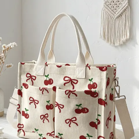 Creative Cherry Bow Print, Lightweight Outing Bag, Lightweight Large Capacity Durable Crossbody Shoulder Bag, Multi-Pocket Design for Work Shopping Picnic, Lightweight Travel Bags