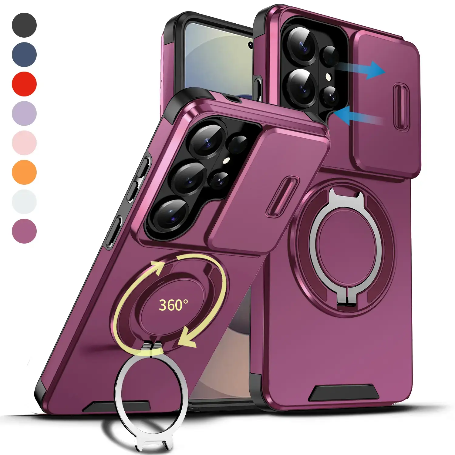Multi-Model Magnetic Phone Case with Sliding Camera Cover, Magnetic Ring Holder Kickstand for Samsung S26 Ultra Plus S25 S24 S23 S22, Shockproof, Anti-Scratch, Camera Lens Protective Cover