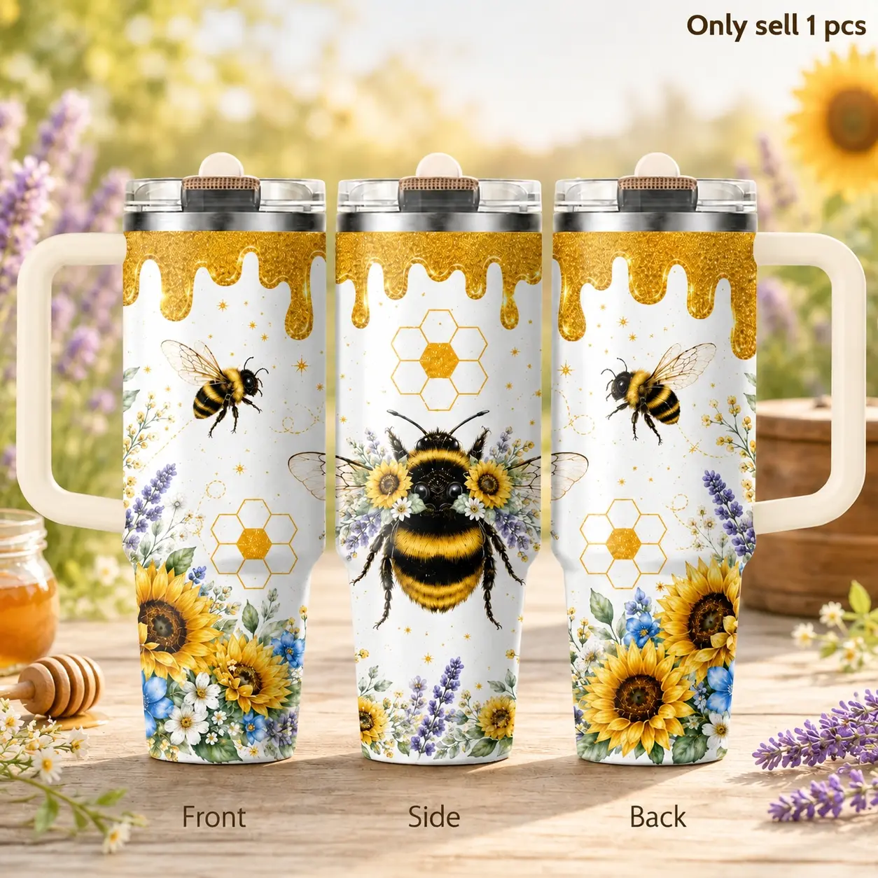Honey Bee Garden 40oz Tumbler – Cute Nature Theme Stainless Steel Insulated Travel Cup with Handle & Straw Lid for Coffee, Water, Office, Garden Days, Car, Bee Lover Gift