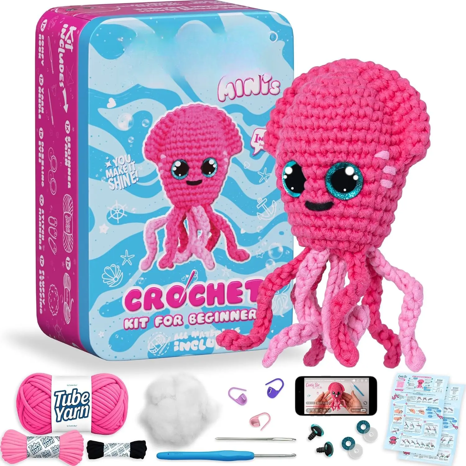 MINIs Crochet Kit for Beginners –  Set to Make Squid Inky Amigurumi Plushie – Easy DIY Crochet & Knitting Starter Kit with Printed Instructions & Step-by-Step Video Tutorial