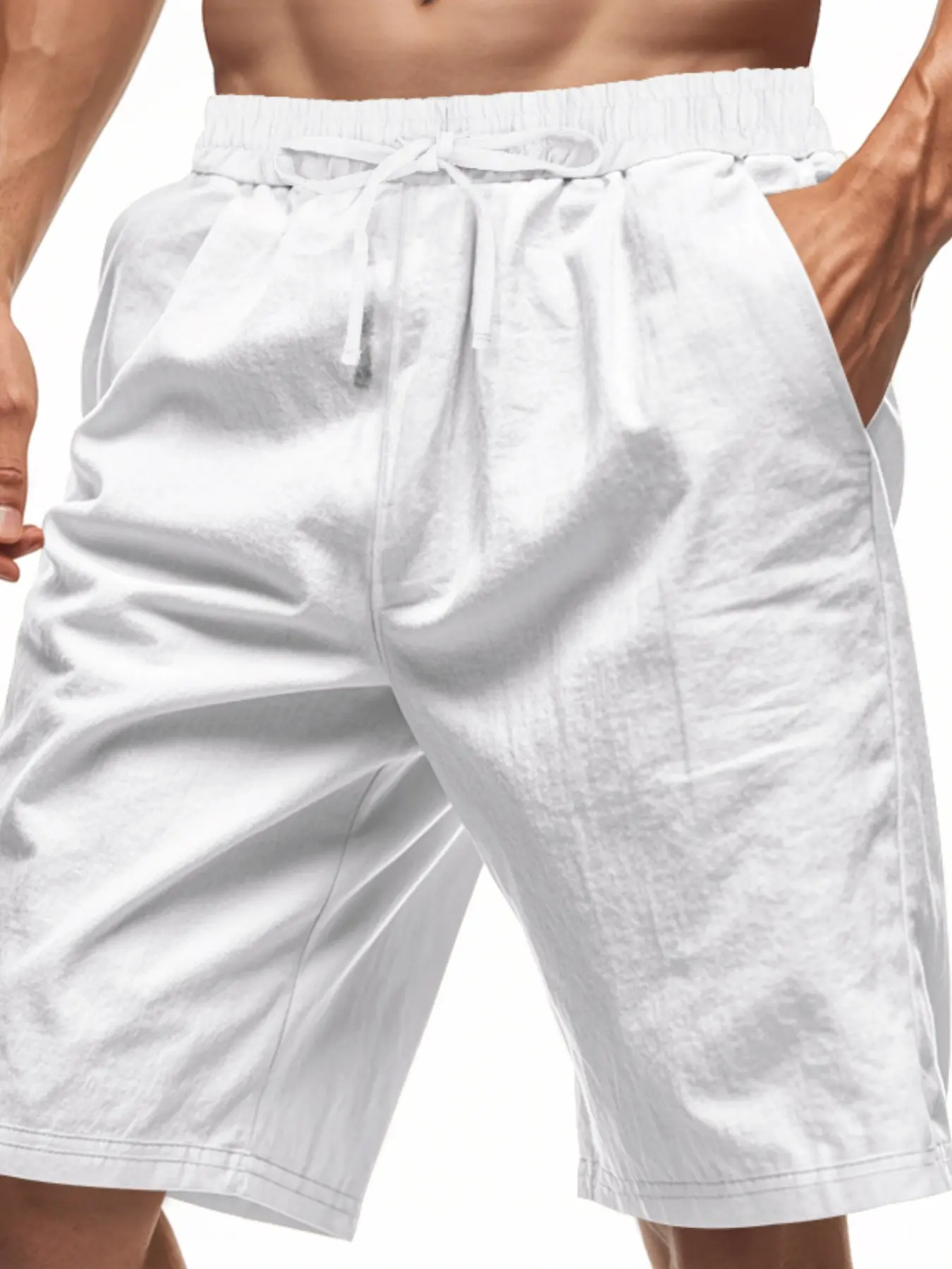 Cross-Border European Summer Loose Hemp Breathable Casual Sports Simple Solid Drawstring Beach Five-Quarter Shorts