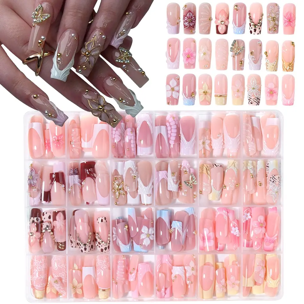 288pcs Long Coffin French Press-On Nails, 3D Gel Flower Nails, Butterfly, Beads, Pearls, Rhinestones, Acrylic, Fall Winter Nail Art Set