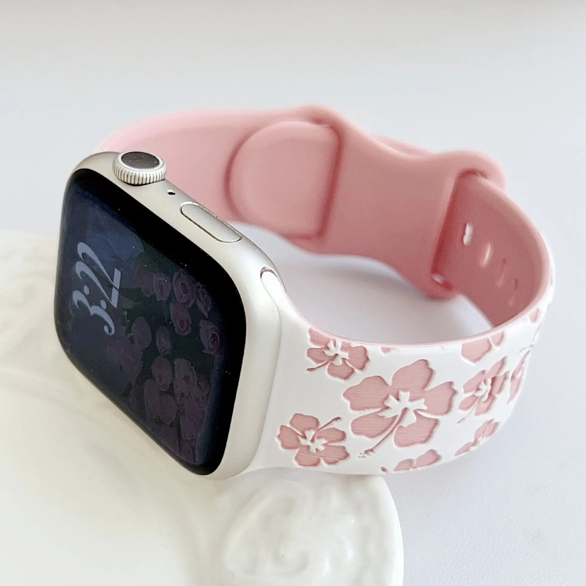 Engraved Hibiscus Flower Silicone Band, White-Pink Tropical Hawaiian Vacation Bag Replacement Strap, Soft Cute Luggage Accessory