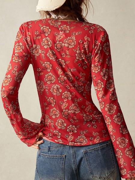 Elegant Women's Floral Long Sleeve Shirt, Button Front Mesh Cardigan, Semi-Transparent Fashion Top for All Seasons