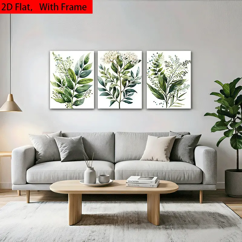 2D flat painting, 2D flat painting, 3D canvas wall art, modern minimalist watercolor green plants, fresh white flowers, leaves, and branches wall decoration painting, high-definition printed framed canvas painting, wall decoration artwork for home and com