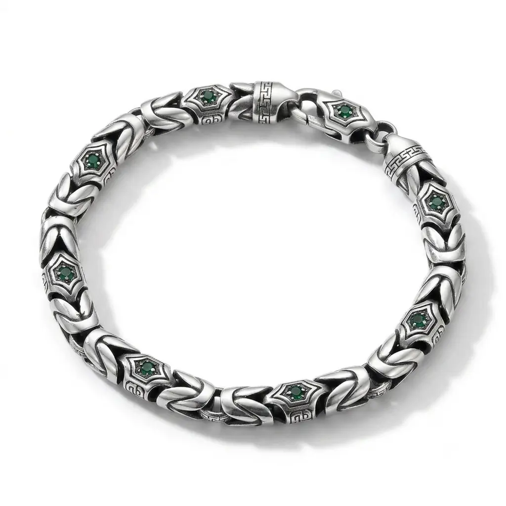 925 Sterling Silver Turkish Byzantine Bracelet Green Gem Inlaid Vintage Royal Chain Wristband Boho Gothic Jewelry Aesthetic Gift