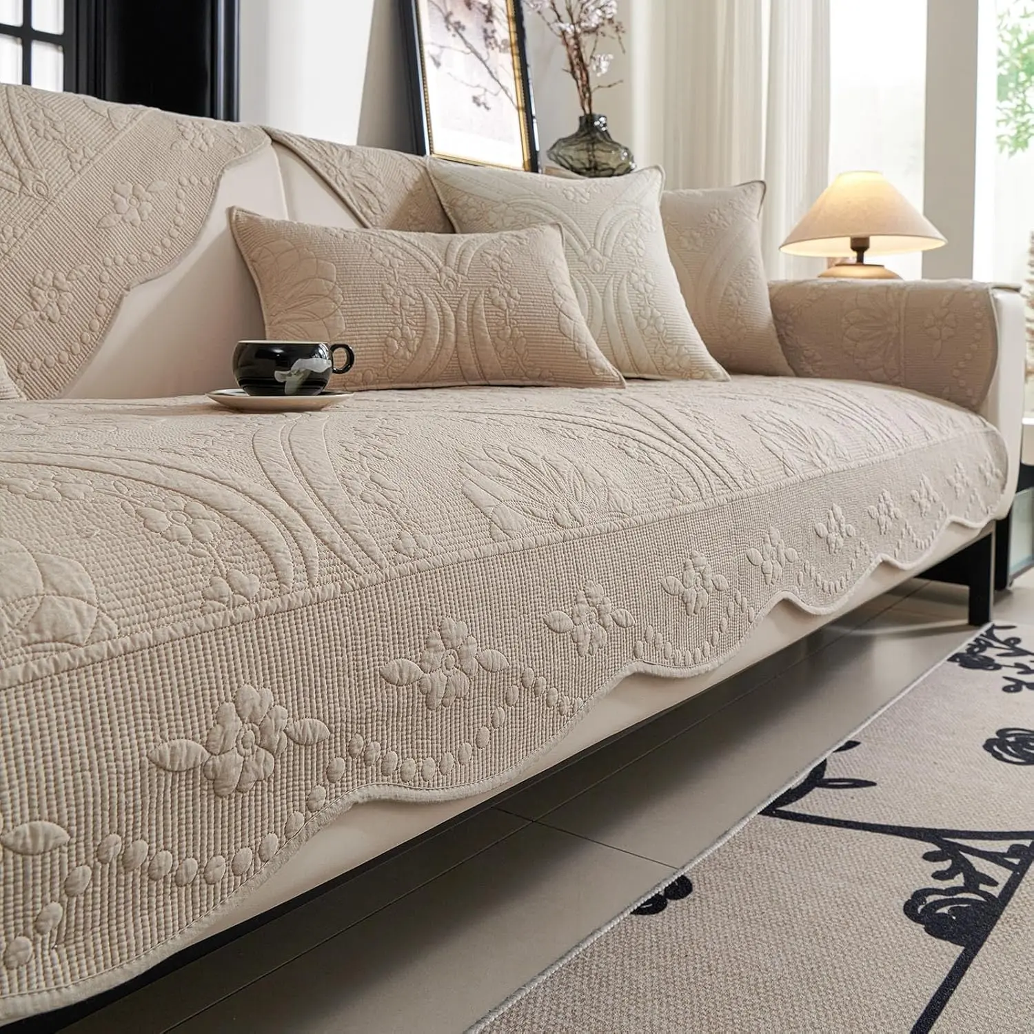 Cotton Quilted Couch Cover Farmhouse Counrty Floral Embroidered Sofa Cover Non Slip Soft Scalloped Sofa Slipcover Washable Furniture Protector for Dog Pet Cat (Khaki,36"x36")