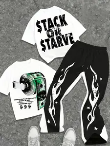 Money Theme Men’s Scimitar Pants Matching Set For Teen Guys Soft Stretch White Tee Dollar Double Print Flame Side Pants Skate Party LA Viral Hip Hop Co Ord