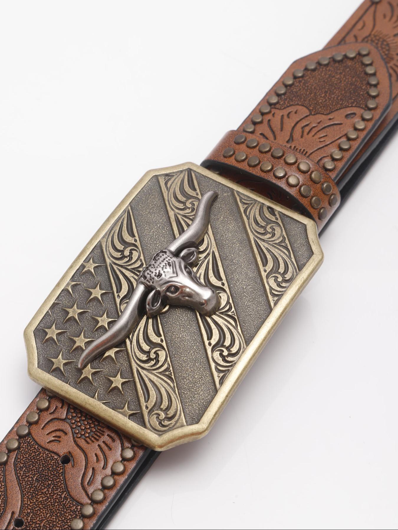 Men's Vintage Western Belt, Retro Style Flower Embossed Buckles Pu Leather Belt, Fashion Accessories for Daily Wear