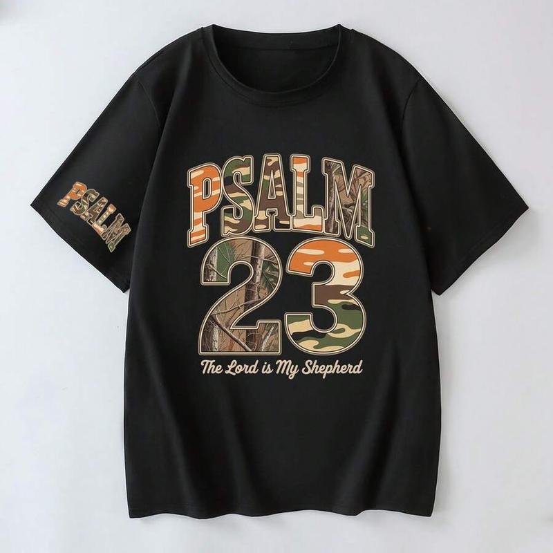 Women Summer Short Sleeve Round Neck Casual T-Shirt With "Psalm 23" Camouflage Print