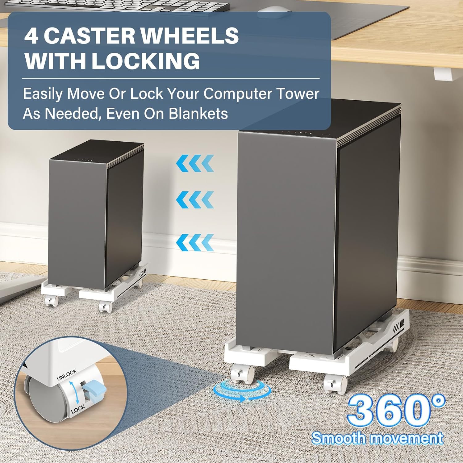 Adjustable Computer Tower Stand, Mobile PC Stand for Floor with 4 Locking Caster Wheels Fits  PC, Under Desk CPU Holder for Office, Gamers and Students (White)