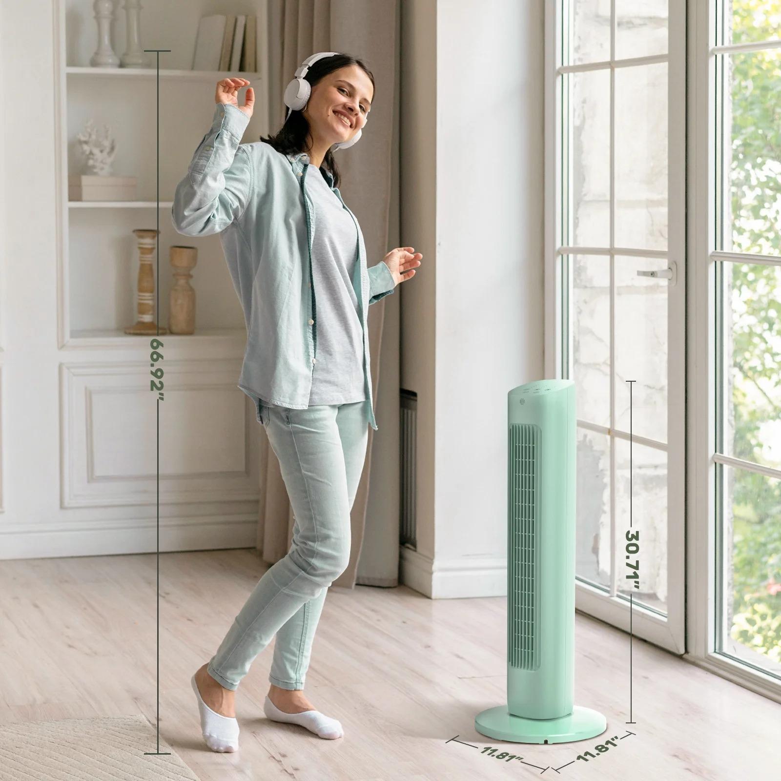 COWSAR Tower Fan for Bedroom, 85° Oscillating Fans with 8 Speeds, 30" Portable Bladeless Standing Fan, 15H Timer, Normal/Natural/Sleep 3 Fan Modes, Freestanding Tower Fans, Green