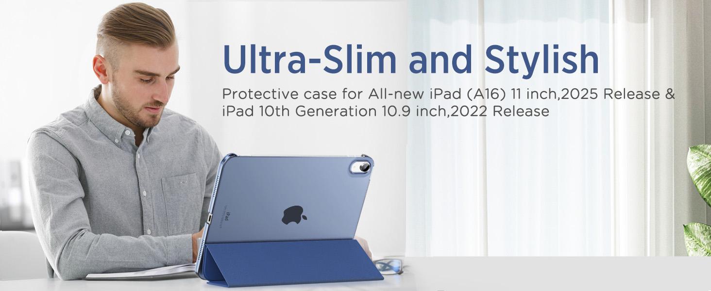 iPad (A16) 11th Generation Case 11 Inch 2025, iPad 10th Generation Case 10.9 Inch 2022, Slim Stand Hard PC Translucent Back Shell Smart Cover, Support Touch ID, Auto Wake/Sleep, Navy Blue