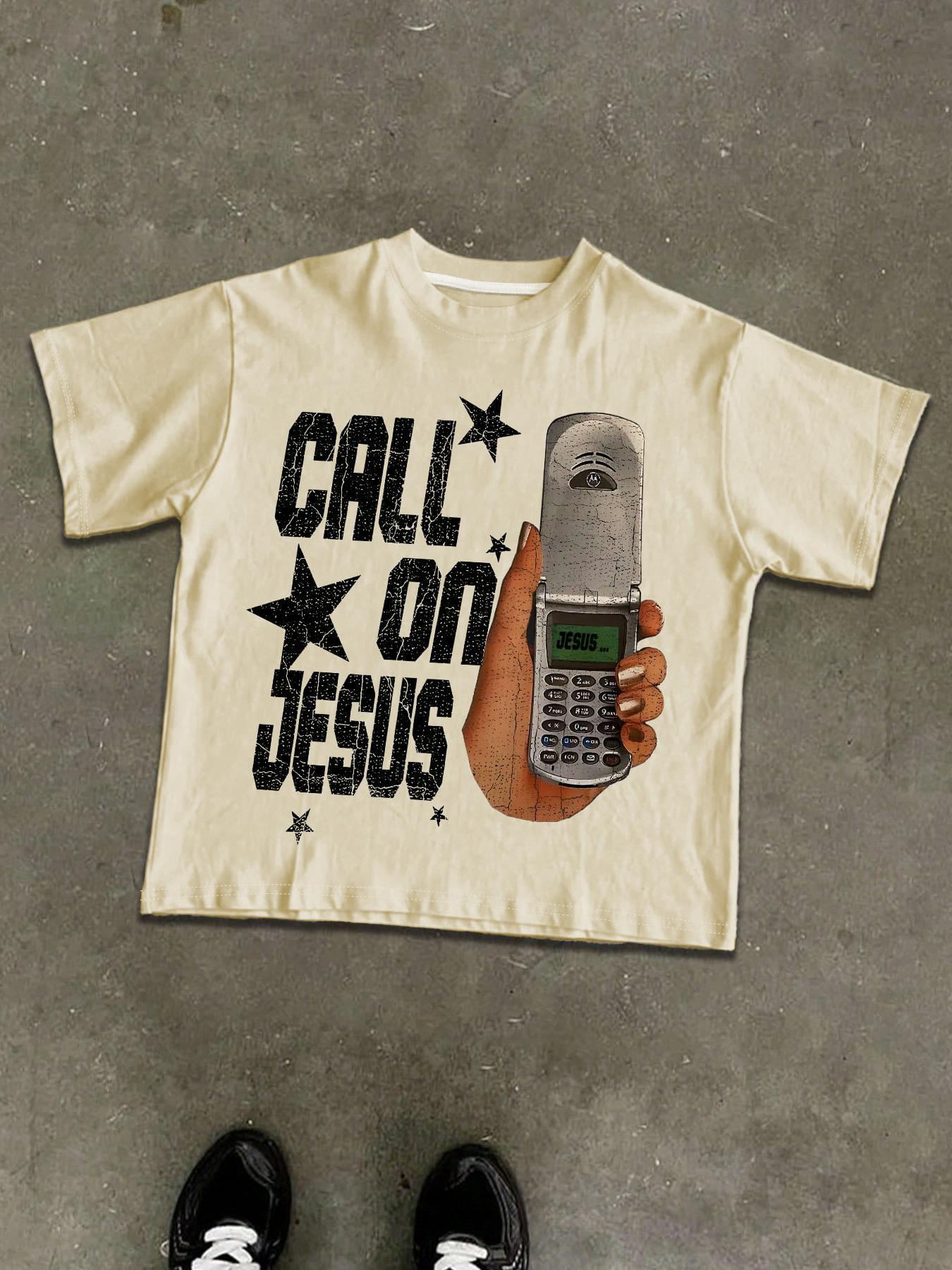 Men's Cotton T-Shirt, Short Sleeve, Phone & Star Print, Loose Fit, Casual Style, Summer Fashion, Outdoor Sports Streetwear