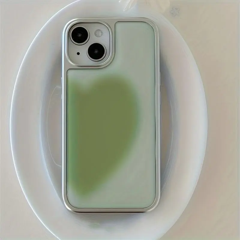 Phone case: Chic and Adorable Gradient Heart Epoxy Resin Phone Case Compatible with iPhone 17 Pro Max, 17 Pro, 17, 16 Pro Max, 16 Pro, 16, 15, 14, 13. Stylish Anti-Drop Back Cover with Silvery Edge Drip Resin - Silvery Green Heart LP569