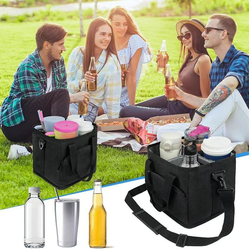 Family 4-Compartment Drink Bag Heavy-Duty Nylon Tumbler Caddy for Hiking Walking with Large Front Pocket & Adjustable Divider