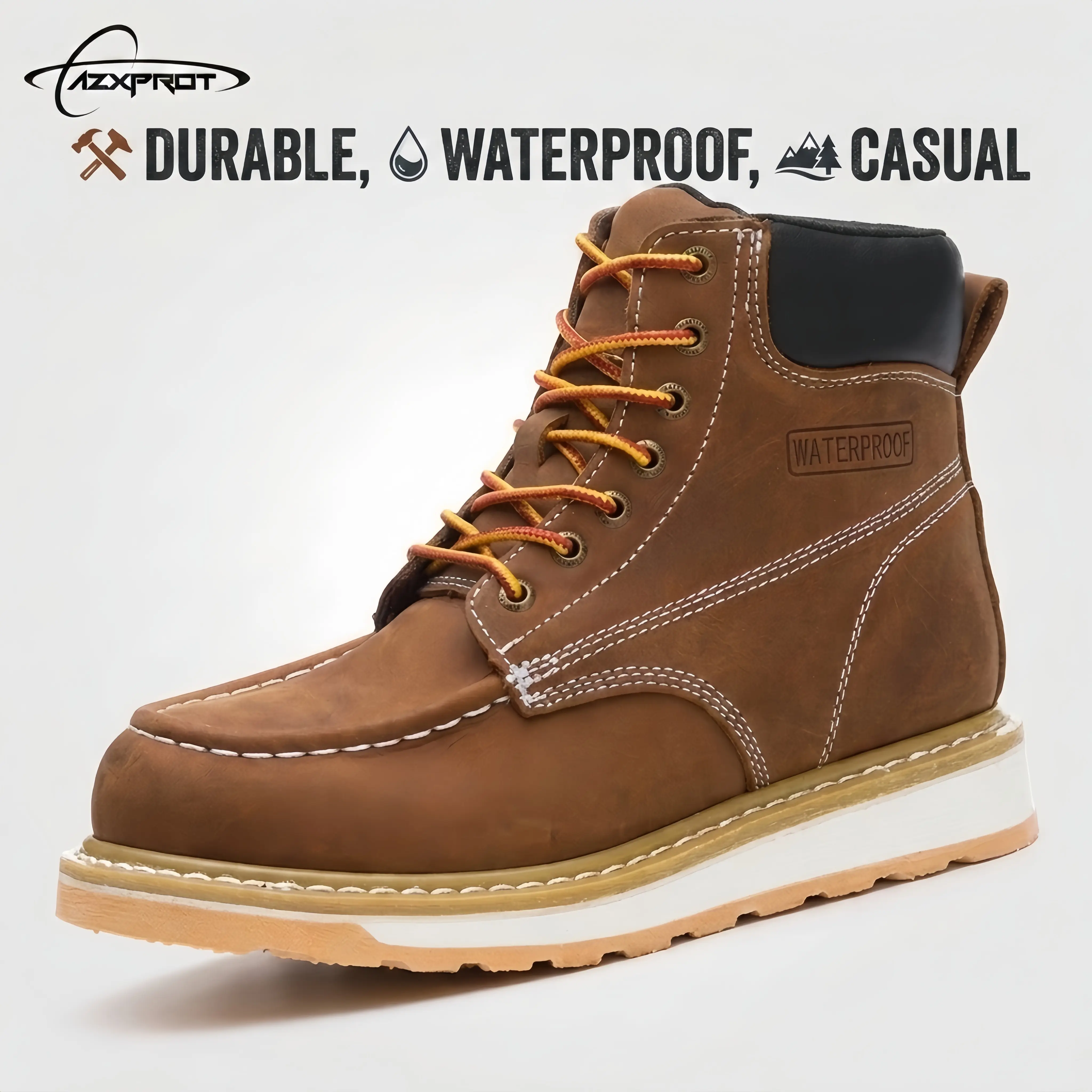 AZXPROT Men's Work Boots, Waterproof Genuine Leather Round Toe Ankle Boot with Cushioned Support and a Slip-Resistant Lightweight Wedge Sole, Workwear, Cowhide, Plain, Construction Shoes