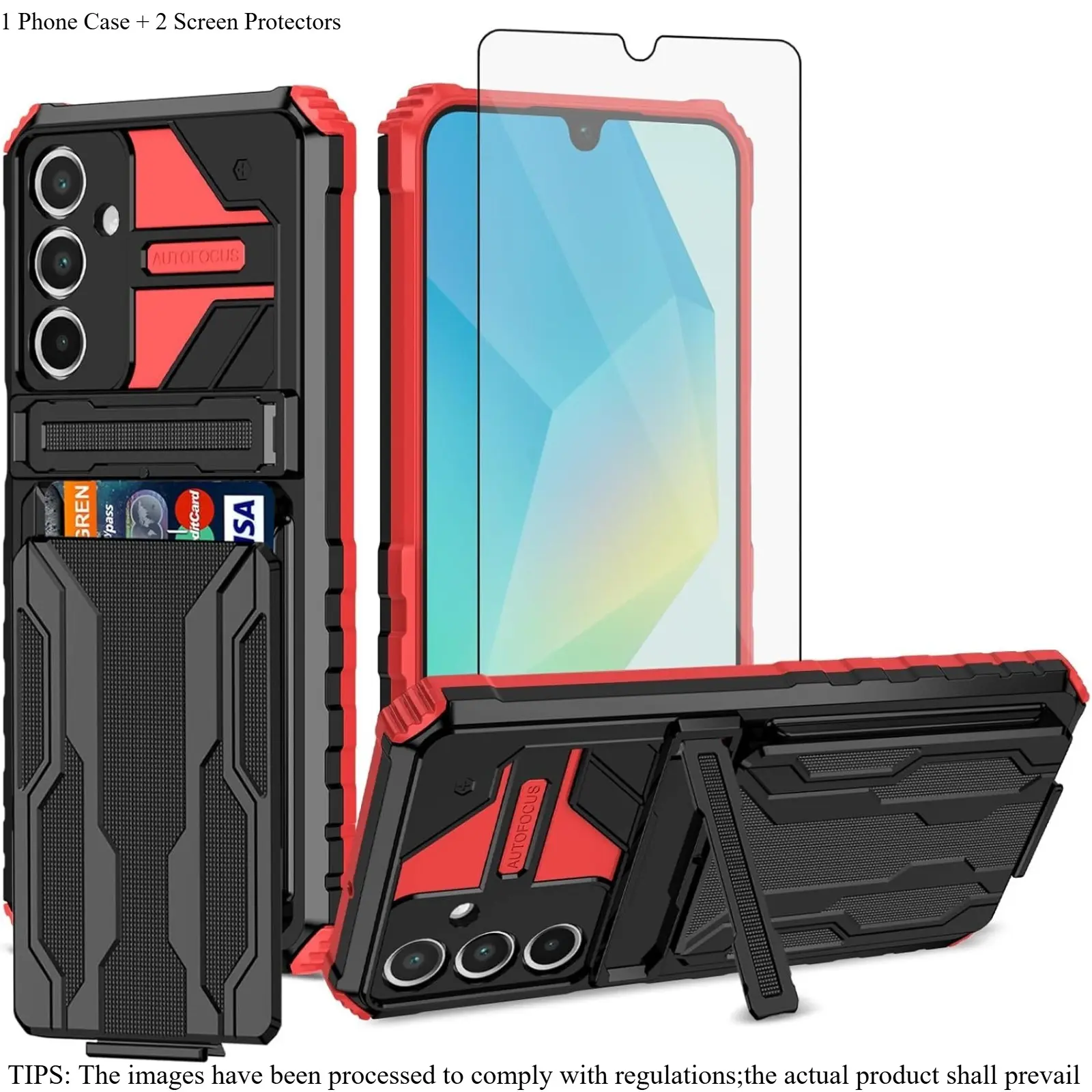 3-in-1 Phone Case Set (1 Hard Case + 2 HD Tempered Glass Screen Protectors) Slim Card Holder Kickstand Shockproof Phone Case for Samsung Galaxy A53/A03/A73/A23/A04/A14/A34/A54/A24/A25/A05/A15/A35/A16/A53,Multi Colors Unisex Shockproof Protective Covers