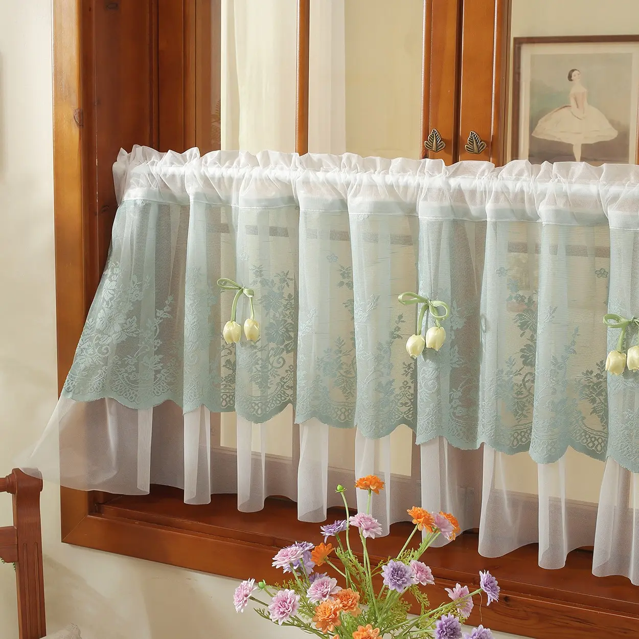 French Style Lace Sheer Mini Curtain, Tulip Flower Decoration, Top Rod Pocket Hanging, Suitable for Living Room, Bedroom, Cafe, Kitchen, Balcony