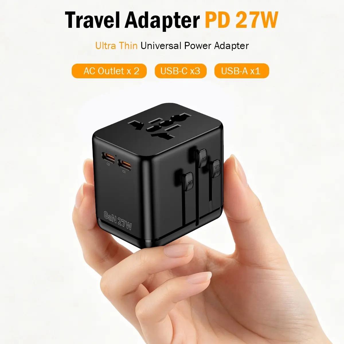 Compact Universal Travel Adapter Charger, 27W PD Fast Charging, 3 USB-C & 1 USB-A All-in-One International Plug for USA, UK, EU, AU - 220+ Countries