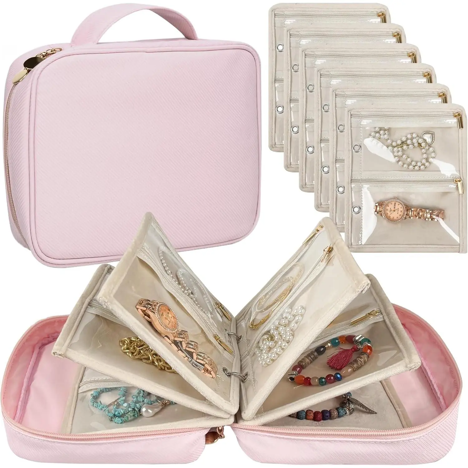 Travel Jewelry Organizer Case,Small Jewelry Bags for Traveling, Jewelry Binder with 24 Pcs Clear Zipper Velvet Pouches (Pink)