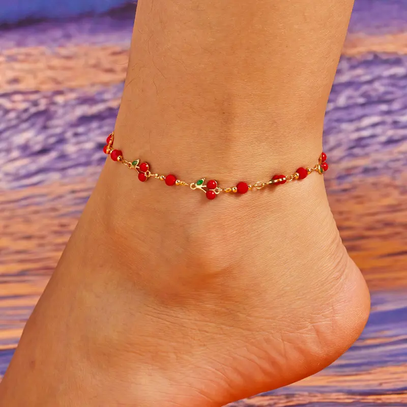 Women's Elegant Red Cherry Chain Anklet - Retro Boho, Metal Coated Costume Jewelry with Zircon Heart Flowers, No Excess Ornamentation for Casual Beach Party Gifts