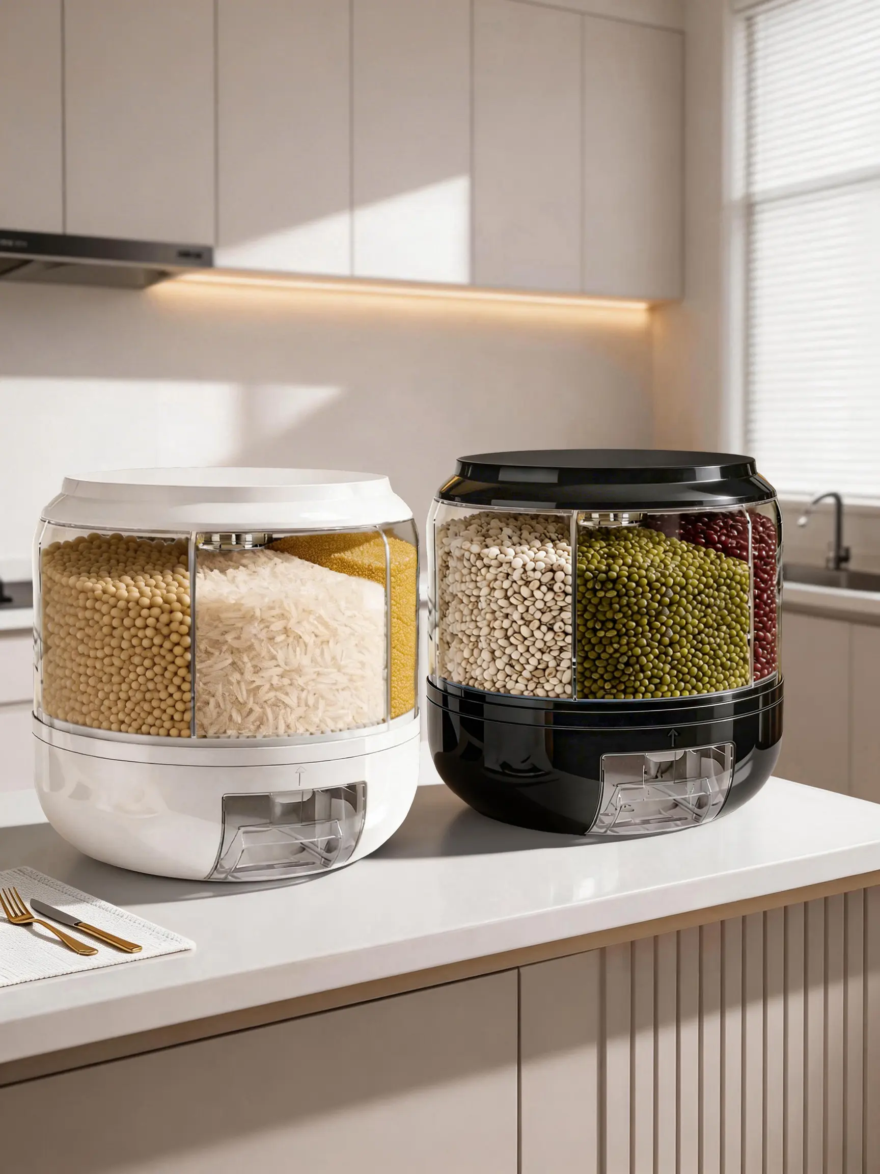 GHQ Modern Kitchen Storage Containers - White & Black Transparent Grain & Bean Holders for Organized Pantry
