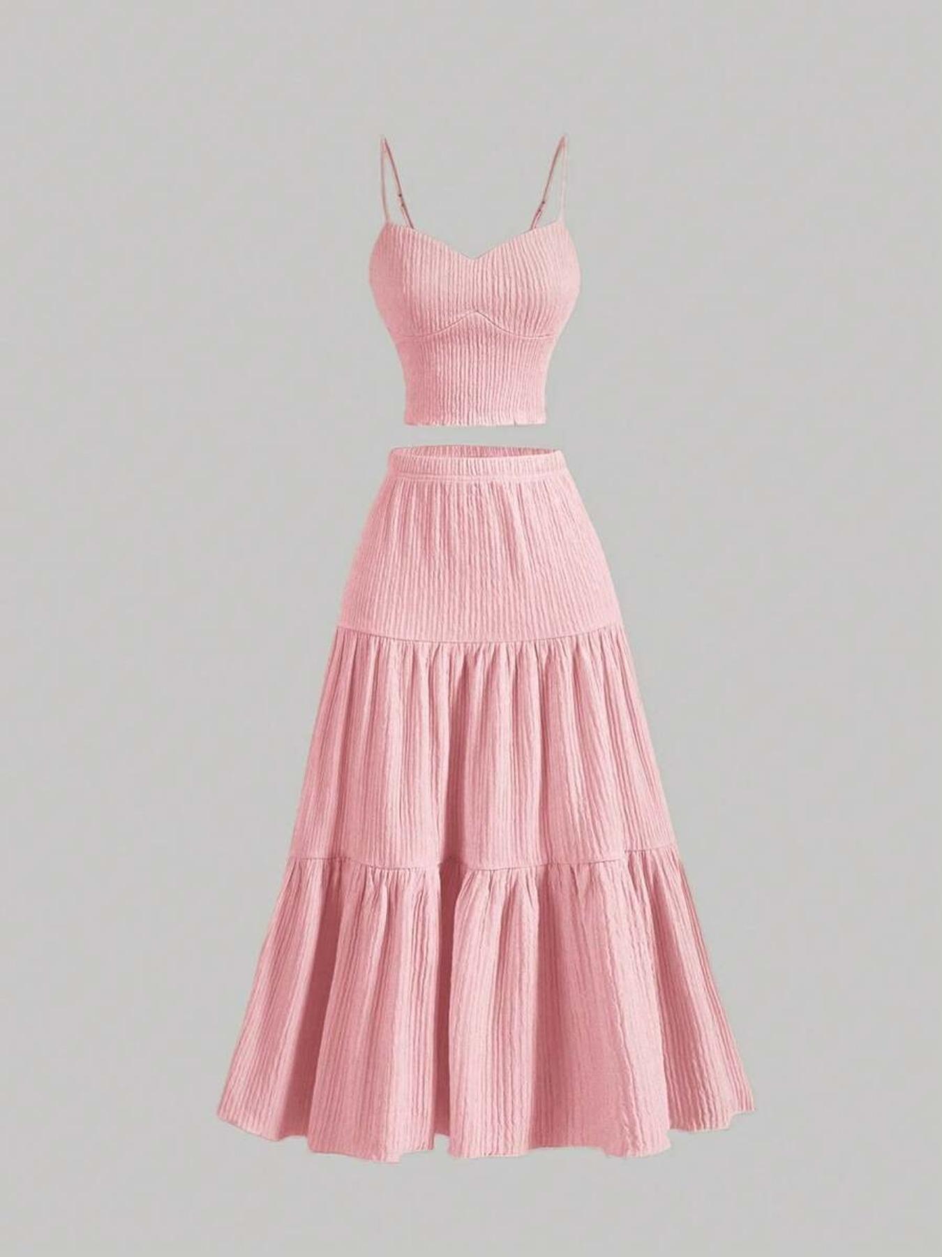 Women's Solid Crop Cami Top & A-line Skirt Two-piece Set, Casual Fashion Cozy Two Piece Outfits for Daily Outdoor Wear, Ladies Clothes for Summer Women's Solid Crop Cami Top & A-line Skirt Two-piece Set, Casual Fashion Cozy Two Piece Outfits for Daily Outdoor Wear, Ladies Clothes for Summer