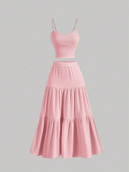 Women's Solid Crop Cami Top & A-Line Skirt Two-piece Set, Casual Fashion Cozy Outfits for Daily Outdoor Wear, Ladies Clothes for Summer