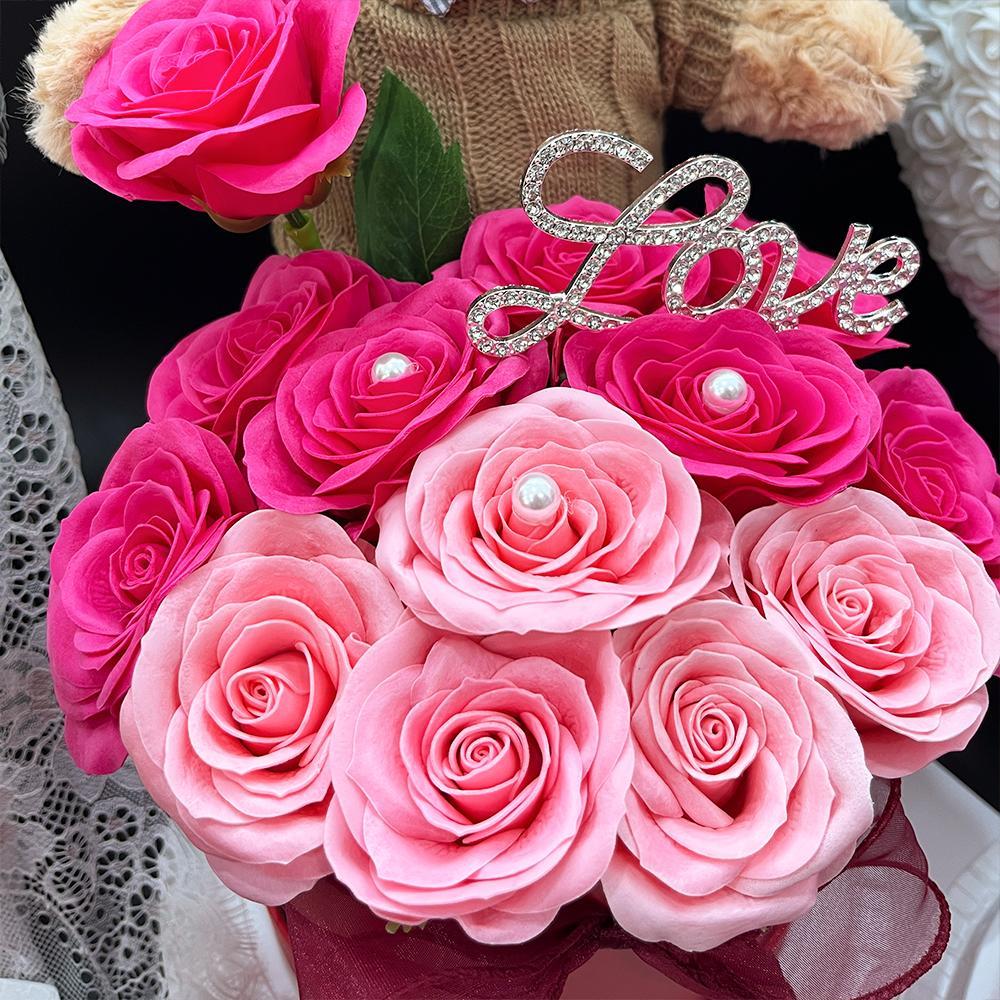 Artificial Flower Gift Box with Bear, 1 Count Romantic Rose Gift Box, Decorative Flowers Bouquet, Birthday Gift, Roses Bouquet, Decorative Vibrant Faux Flowers, Ribbon Roses Bouquet, Glitter Rose #GLOBAL PICKS