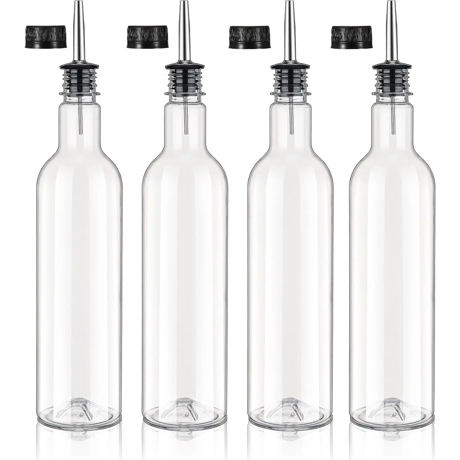 4 Pack 25 oz Plastic Syrup Bottles Long Neck with Stainless Steel Leakproof Tapered Spout Pourer and Cap Container for Alcohol Juice Coffee Home Bar Bartending Supplies