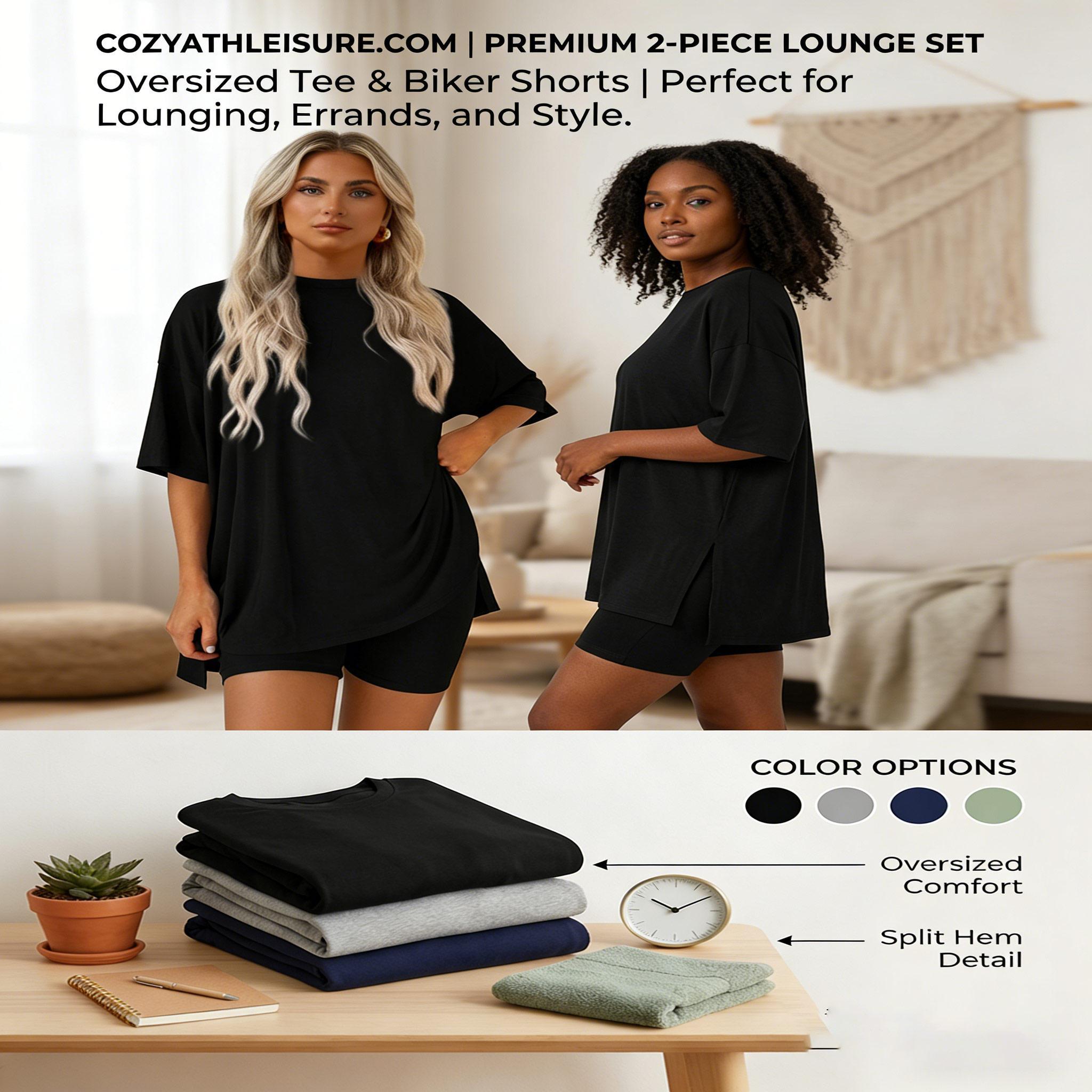 Women’s summer crewneck two-piece loungewear set, ideal for home relaxing. Features an oversized split-hem top and biker shorts with side pockets. Made of soft viscose, it’s lightweight and easy to care for.