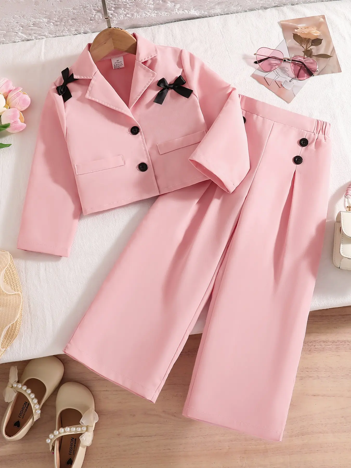 Solid Pink Cropped Blazer Girls Wide Leg Pants Set, Shoulder Bow Decor Lapel Jacket, Side Button Pleated Drape Wide Leg Trousers, Wrinkle-resistant Smooth Fabric Girls Spring Autumn Outdoor 2Pcs Outfit, Fashion Style Sets