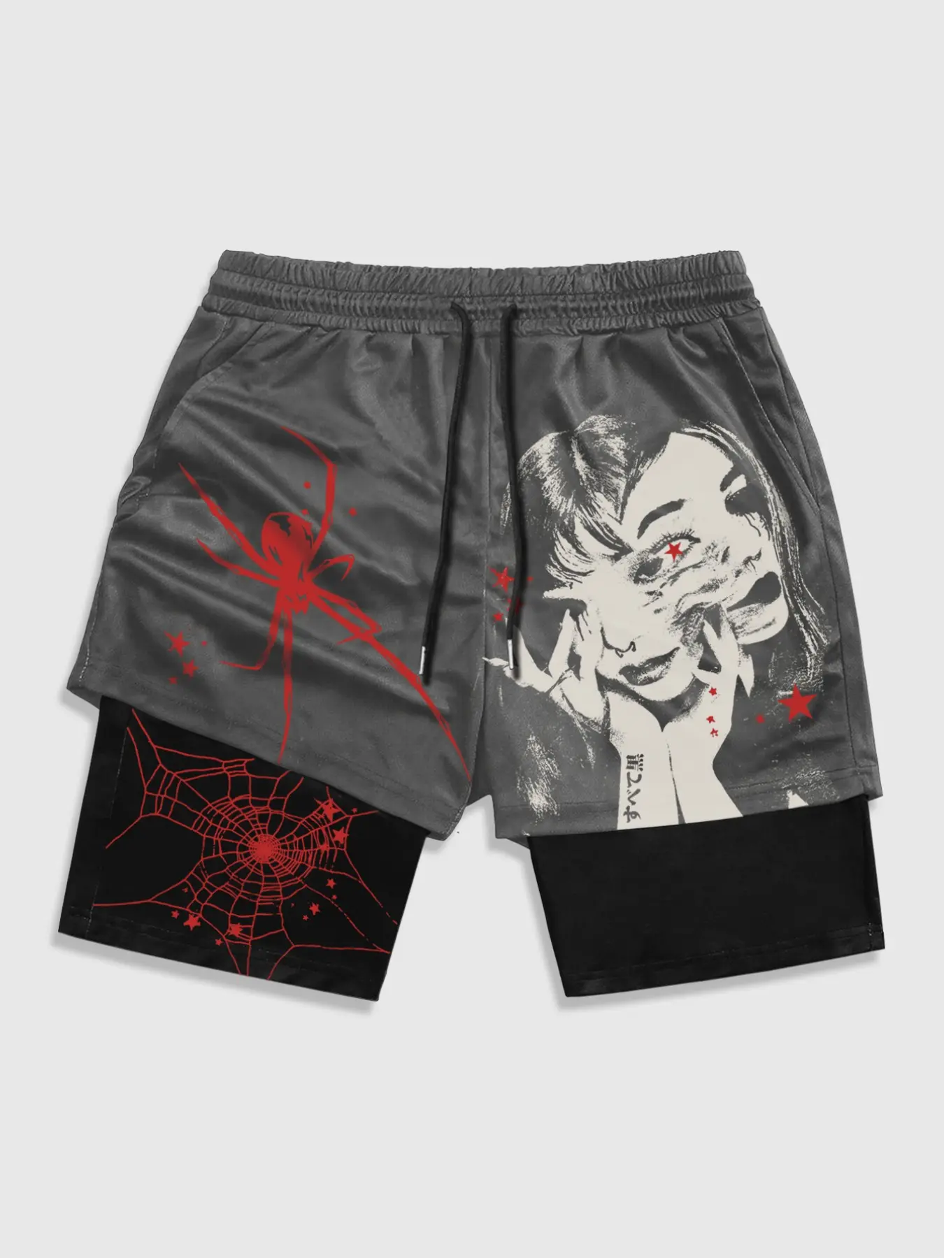 Double layer fake two piece shorts Men's red spider printed spider web torn portrait Japanese printed shorts Men's American high street anime Y2K shorts Women's Harajuku style hip-hop rock hot girls shorts