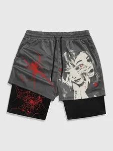 Double layer fake two piece shorts Men's red spider printed spider web torn portrait Japanese printed shorts Men's American high street anime Y2K shorts Women's Harajuku style hip-hop rock hot girls shorts