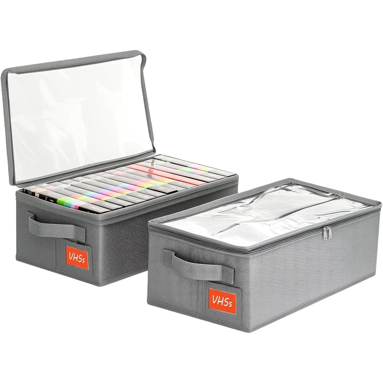 VHS Storage Box 2 Pack Cassette Tape Storage Organizer with Clear PVC Lid Stackable Storage Box Holds 14 Clamshell VHS Tapes Gray Media Case