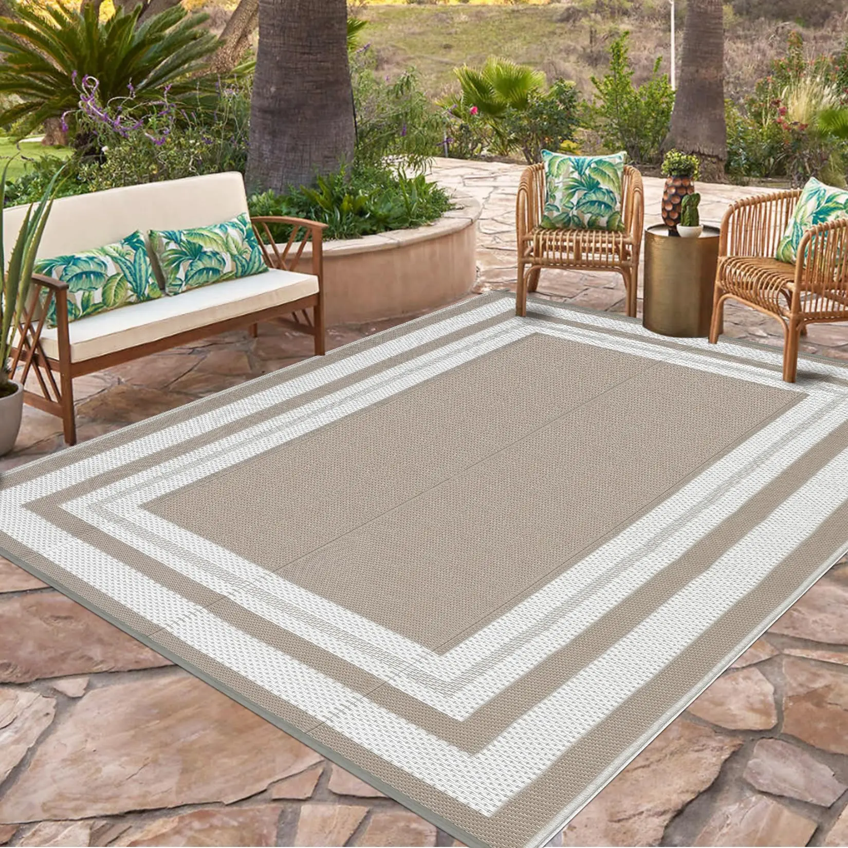 GARVEE Outdoor Rug 8x10 with Modern Border Pattern, Waterproof, Reversible, Easy to Clean, Foldable, Lightweight, UV Resistant for Porch, Deck, and RV in Light Brown and White