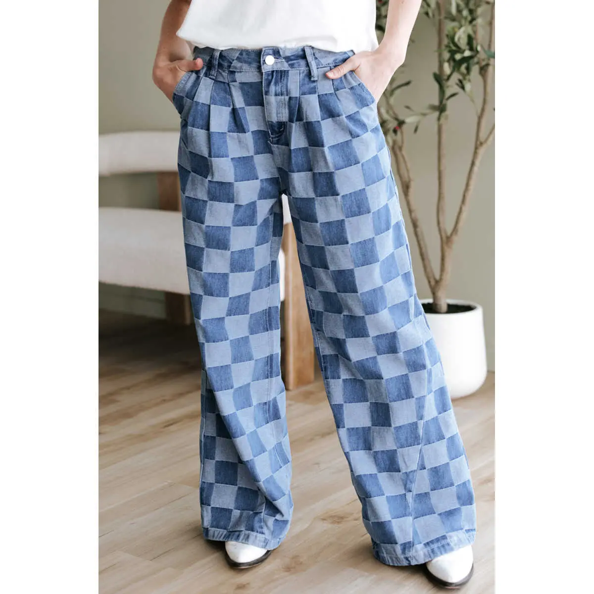 Dusk Blue Checkered Denim Wide Leg Jeans