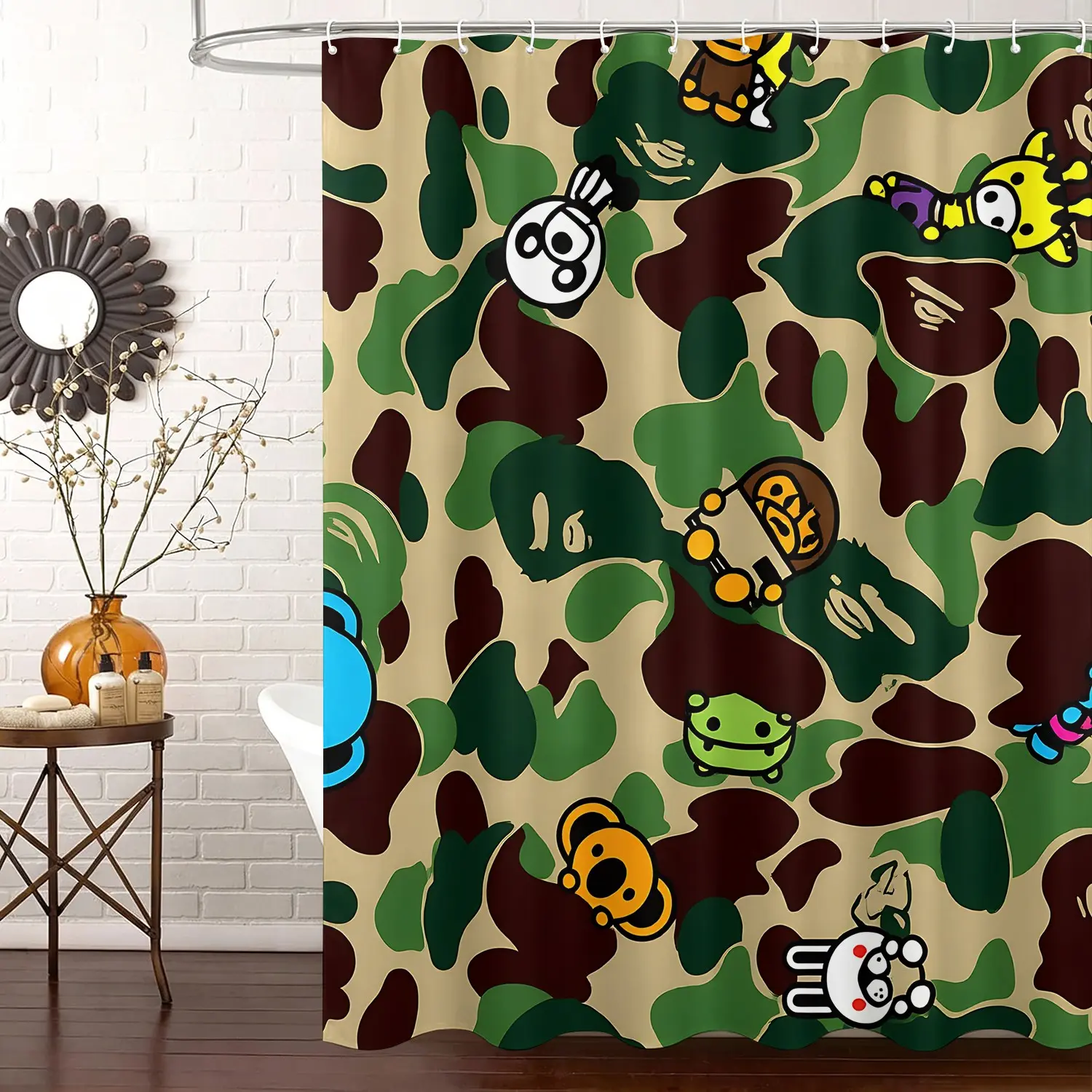 Streetwear Camouflage Cartoon Figure Digital Printed Shower Curtain Cute; Waterproof Shower Curtain with Free Hooks; Machine Washable Bathroom Decor Curtain for College Dorm, Camper, Beach Cabin, Guest House, Studio, Resort Bathroom
