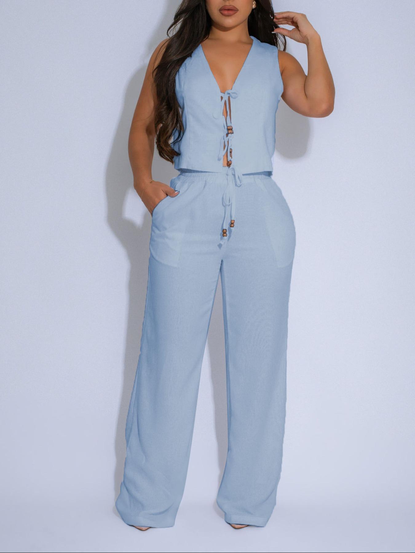 Women's Solid Tank Top & Wide Leg Pants Two-piece Set, Matching Clothing Set, Casual Comfy Soft Outfits for Daily Wear, Ladies Summer Clothes