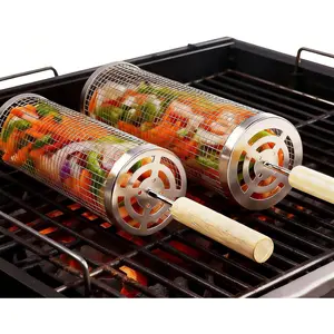 Rolling Grill Basket 2-Pack,  304 Stainless Steel, Removable Wooden Handles, Upgrade Rolling Grill Baskets for Outdoor Grill, BBQ Grill Accessories for Outdoor Grill, Outdoor Gifts for men