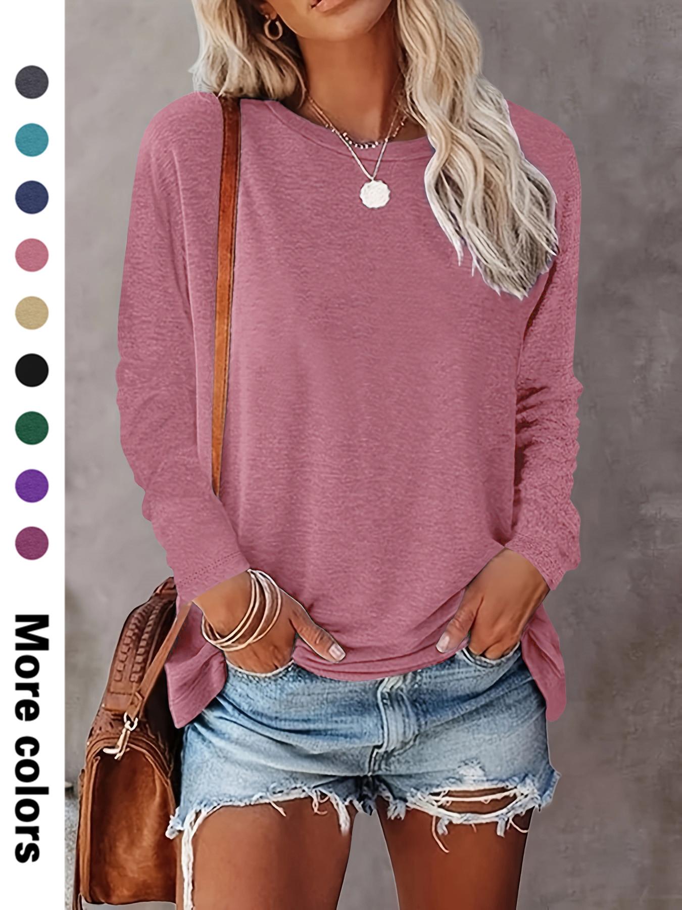 Women's Plain Round Neck Essential Breathable Fabric Tee, Casual Fitted Long Sleeve Crew Neck T-shirt for Spring & Fall, Fashion Women's Top for Daily Wear Piece