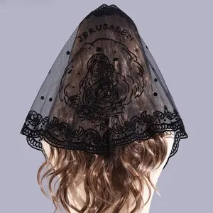 Embroidered Virgin Mary Lace Mantilla Veil, Infinity Catholic Chapel Head Cover for Women, Church Mass Baptism & Pilgrimage Scarf